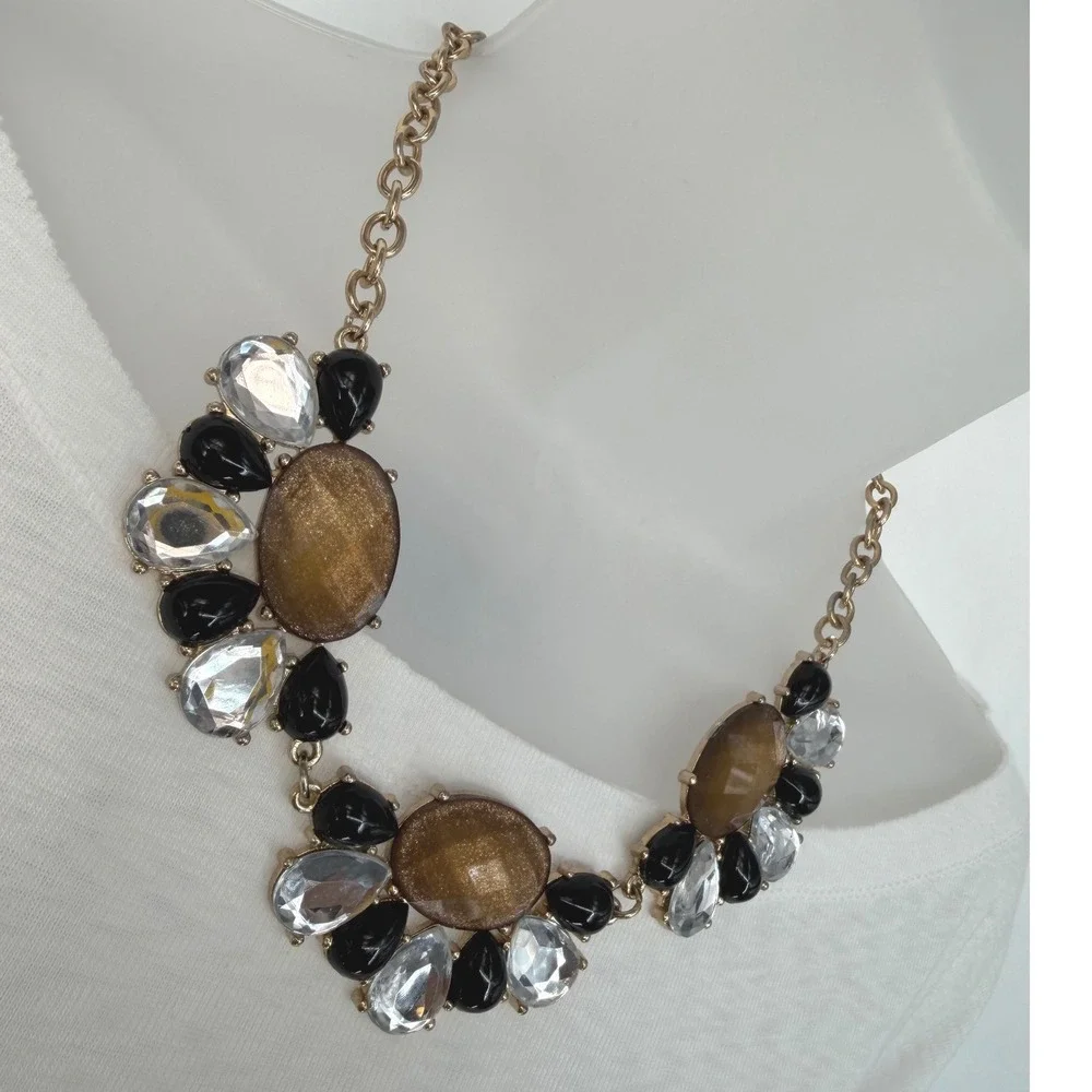 Gold Tone Statement Chunky Bib Necklace‎ Amber Black Clear Faceted Stones 103-08